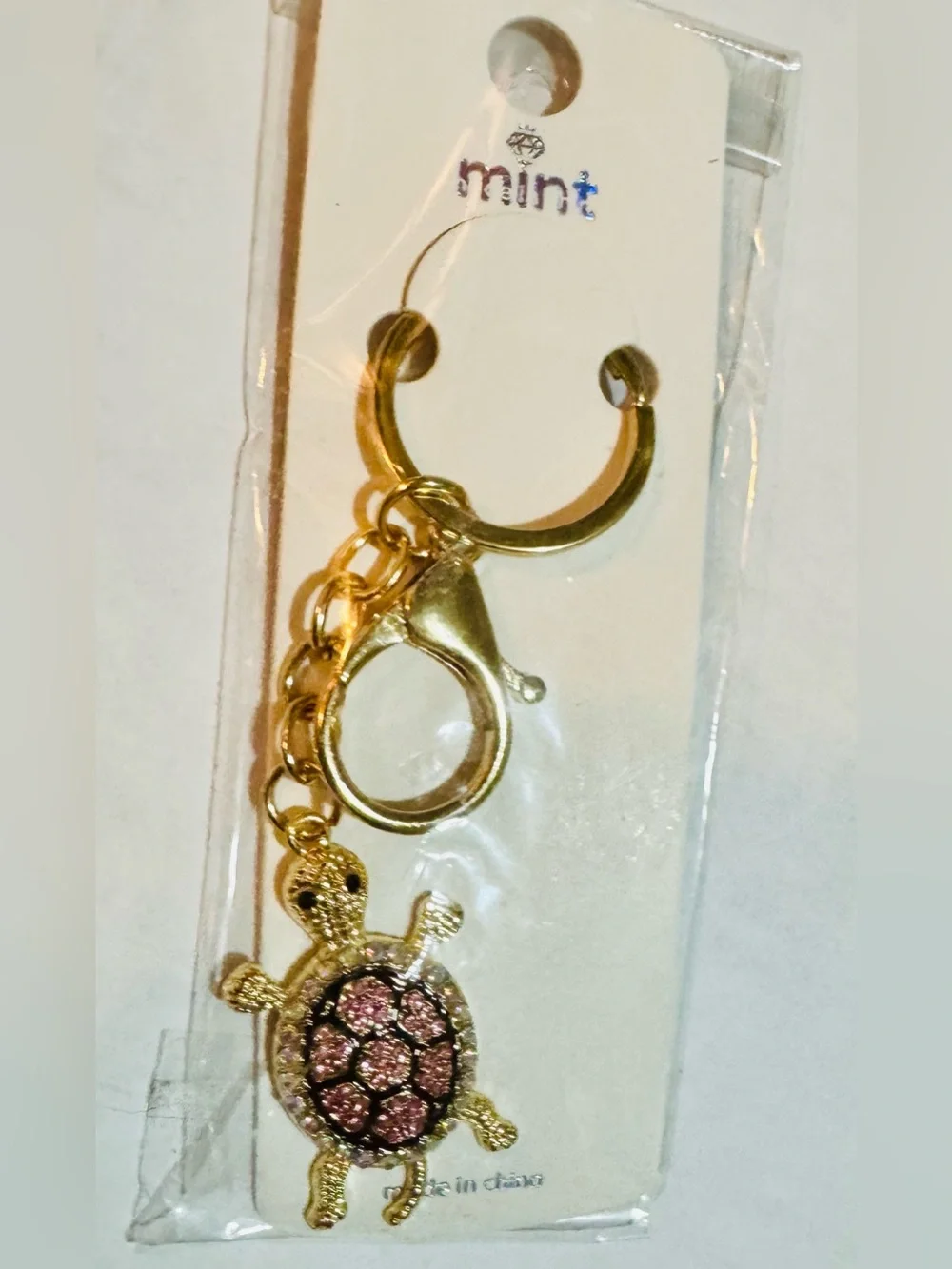 Mint Crystal Turtle Keychain - Gold Pink Sparkle bagcharm NEW